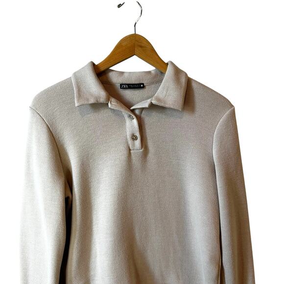 ZARA Long Sleeve Collared Pullover Polo Sweater Beige Womens Size Medium Classic - Picture 4 of 9